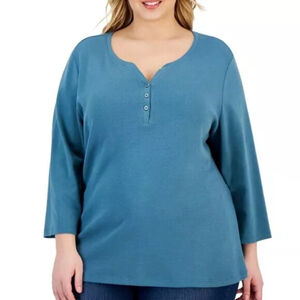 Karen Scott Plus Size Blue 3/4-Sleeve Henley Top /T-Shirt NWT